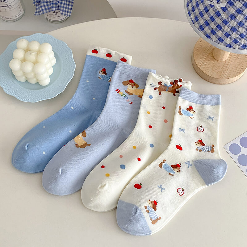 Grey-Blue Puppy Crew Socks