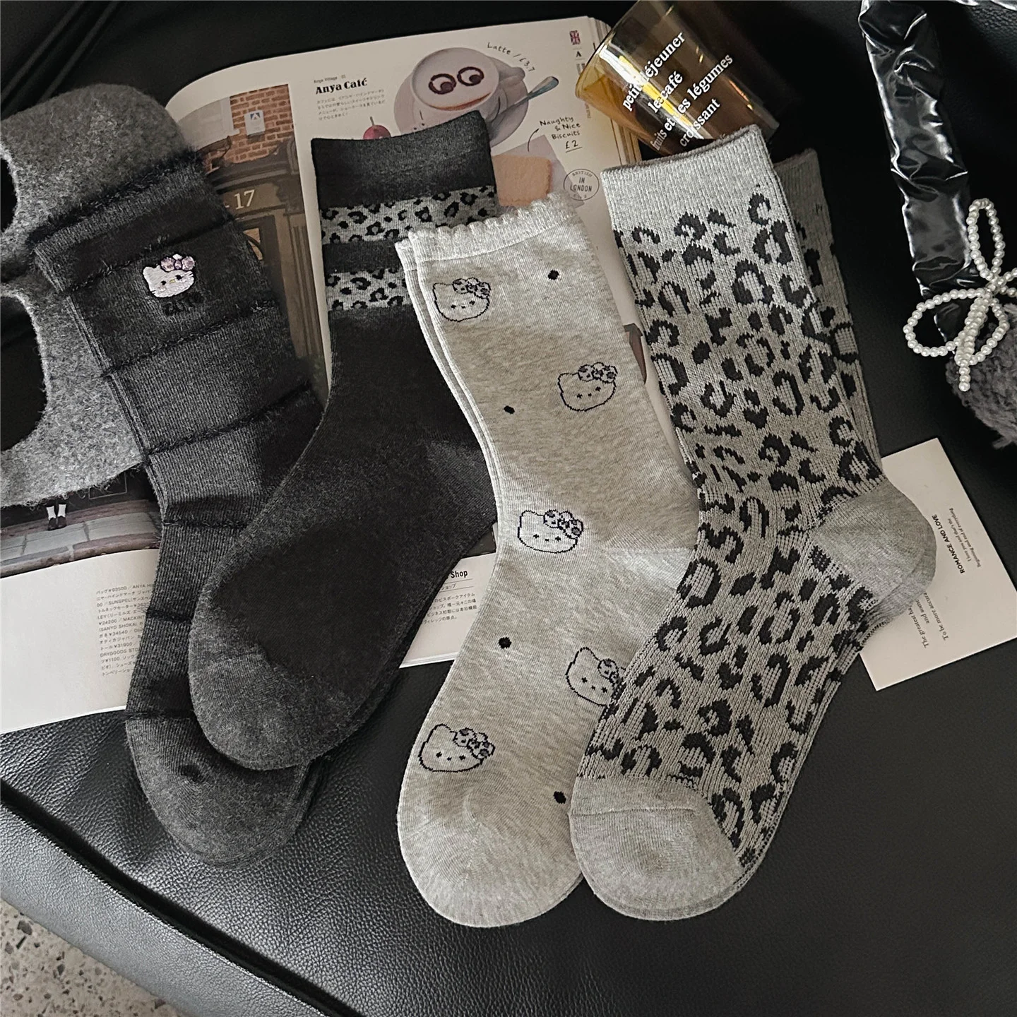 Leopard Print Kitten Crew Socks (Grey)