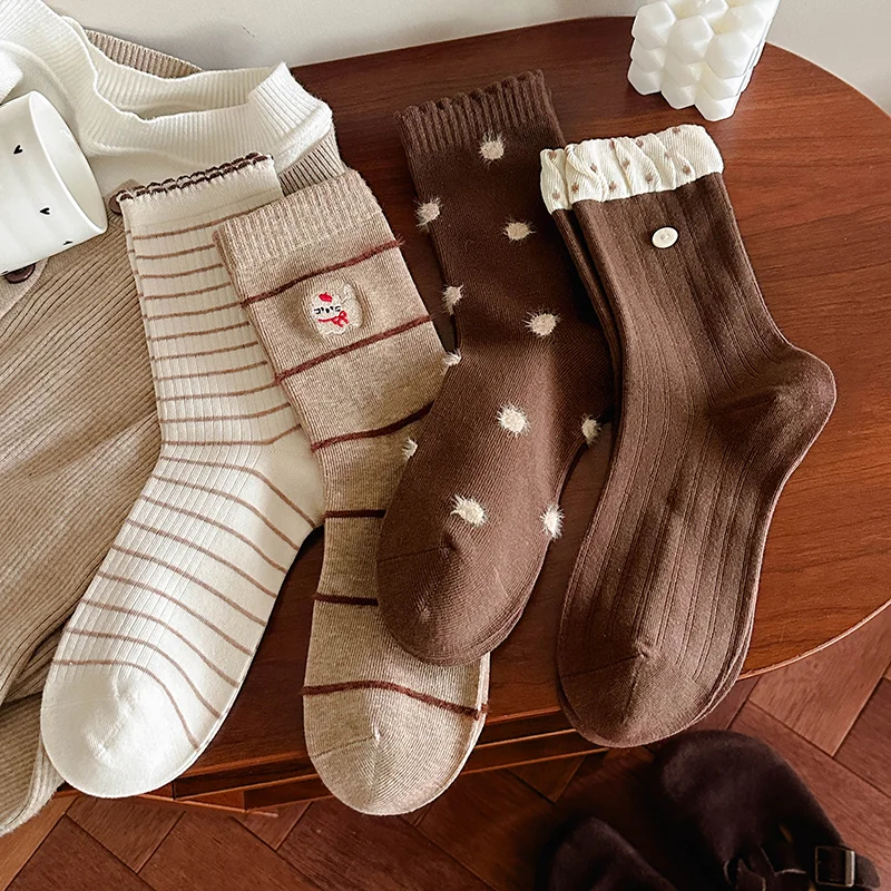 Beige-Coffee Kitten Crew Socks